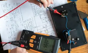 Pomiar rezystancji izolacji. Multimetr pokazuje 0.855 V, a ręka trzyma sondę do pomiaru.