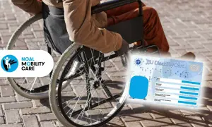 Persona in carrozzina con EU Disability Card, utile per agevolazioni trasporti. Logo NOAL MOBILITY CARE.