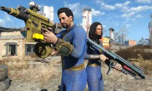 Dos supervivientes con trajes azules de Vault-Tec, armados y listos para la acción en un páramo postapocalíptico. ¡Los **códigos Fallout 4** podrían ser su única esperanza!