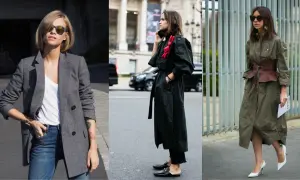 Kobiety w stylizacjach oversize: szary żakiet, czarny płaszcz z czerwonym akcentem, oliwkowa sukienka z szerokim pasem.