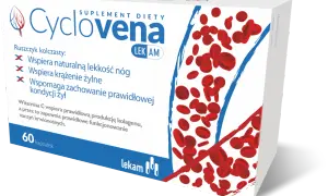 Opakowanie suplementu diety Cyclovena z czerwonymi krwinkami. Wspiera lekkość nóg i krążenie żylne.