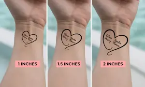 Trzy wersje tatuażu na ręce w kształcie serca z imionami: 1, 1.5 i 2 cale.