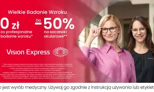 Dwie kobiety w okularach, promocja na badanie wzroku i soczewki w Vision Express.