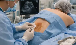 Lekarz wykonuje biopsję nerki pod kontrolą USG. Pytanie, czy torbiel może się wchłonąć, jest kluczowe w diagnostyce.