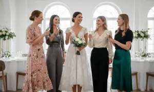 Fünf Frauen stoßen mit Champagner an. Die Braut in Weiß hält einen Blumenstrauß. Ein lässiger Chic für die Hochzeit.
