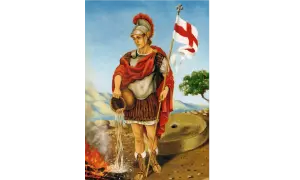 Św. Florian, patron strażaków, gasi płomienie wodą z dzbanka, symbolizując swoją odwagę i pomoc w obliczu ognia.