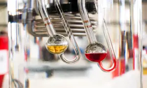 Due viscosimetri misurano la viscosità di oli motore diversi. Uno giallo, uno rosso.