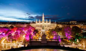 Magiczny jarmark bożonarodzeniowy wiedeń rozświetla ratusz i park. Drzewa mienią się różowymi i białymi światłami, tworząc bajkową atmosferę.