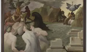 Ulysse navigue entre Charybde et Scylla. Des figures nues luttent dans les eaux agitées, tandis qu'un navire est pris dans un tourbillon menaçant.
