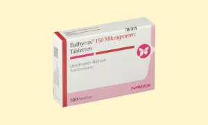 Opakowanie Euthyrox 150 mikrogramów. Pytanie: czy brać Euthyrox przed badaniami krwi? Lek zawiera lewotyroksynę.