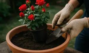 Ręce w rękawiczkach sadzą czerwoną różę z marketu do dużej donicy.