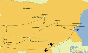 Karte mit einer **Bulgarien Route**, die Sofia, Veliko Tarnovo, Kazanlak, Plovdiv, Nessebar und Burgas verbindet. Flugzeuge deuten auf An- und Abreise hin.