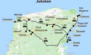 Trasa po Jukatan, Meksyk: Celestun, Uxmal, Loltun, Chichen Itza, cenota Samulá, Valladolid, Cancun, Playa del Carmen, Tulum, Punta Allen.