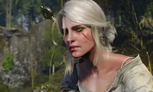 Ciri, z bliznami na twarzy i zielonymi oczami, w lesie. Jej miecz wystaje zza głowy. Wiedźmin 3.
