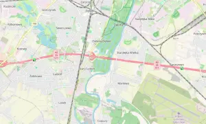 Mapa okolic Poznania z zaznaczoną autostradą A2, gdzie znajduje się odcinkowy pomiar prędkości.