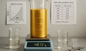 W laboratorium badamy, ile waży litr złota. Na wadze cyfrowej stoi zlewka z płynnym złotem, a obok wykresy i tabele.