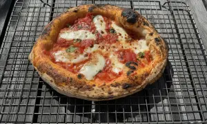 En nybakad pizza med bubblig pizzadeg 6 timmar, tomatsås och mozzarella vilar på ett galler.