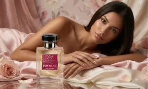 Kobieta otulona jedwabiem obok flakonu perfum Bouquet, niczym YSL Supreme Bouquet, emanuje zmysłowością.