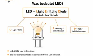 Die Funktionsweise einer LED erklärt: L steht für Licht, E für lichtemittierend, D für Diode. Eine Leuchtdiode wandelt Strom in Licht um.