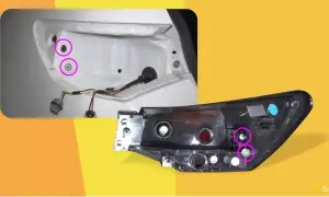 Nissan Note wymiana żarówki tył. Pokazano demontaż lampy tylnej, zaznaczone śruby mocujące.