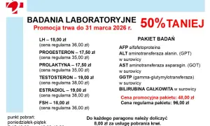 Grafika z promocją badań laboratoryjnych: 50% taniej, lista badań i ceny.