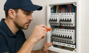 Un électricien concentré utilise un tournevis pour changer un disjoncteur dans un tableau électrique.