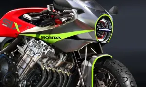 Motocykl Honda z silnikiem 6-cylindrowym, czerwony bak z napisem SIX, srebrne owiewki z zielonymi akcentami.