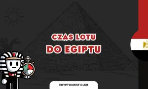 Faraon z zegarem odmierza, ile trwa lot do Egiptu. W tle piramida i flaga Egiptu.