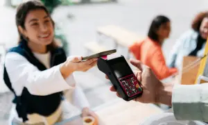 Junge Frau bezahlt kontaktlos mit ihrem Smartphone. Schnelle und einfache mobile payment Transaktion.