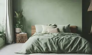 Przytulna sypialnia zieleń boho. Miękkie poduszki i pościel w odcieniach zieleni tworzą relaksującą atmosferę.