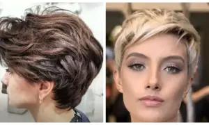 Dwie kobiety z krótkimi, stylowymi fryzurami. Jedna ma ciemne, falowane włosy do ucha proste, druga blond, zaczesane do góry.