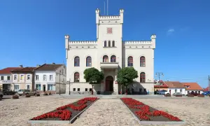 Jasny ratusz z wieżą i czerwonymi rabatami kwiatów na brukowanym placu. Pasym atrakcje turystyczne zachęcają do zwiedzania.