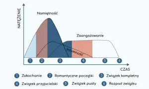 Wykres pokazuje fazy związku: od zauroczenia, przez namiętność, intymność, zaangażowanie, aż po rozpad. Brak czasu dla drugiej osoby może prowadzić do pustki.