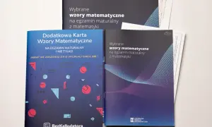 Trzy okładki książek z wzorami matematycznymi na maturę, w tym jedna z grafiką geometryczną.