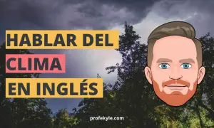 Aprende vocabulario del tiempo en inglés. El cielo está nublado con relámpagos, árboles y un personaje animado.