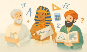Trzech uczonych z różnych epok, z symbolami matematycznymi wokół nich.