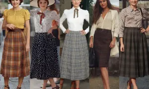 Pięć kobiet w stylizacjach inspirowanych latami 50. i **rockabilly**: kraty, grochy, eleganckie bluzki i spódnice midi.