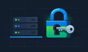 Verrou bleu et vert avec une clé, à côté de serveurs. Illustration pour générer une clé SSH sur Ubuntu.