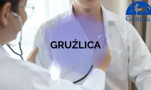 Lekarz osłuchuje pacjenta, na jego piersi widnieje napis "GRUŹLICA". Logo Gentaur.
