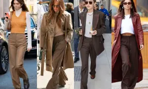 Kendall, J.Lo, Gigi i Emily pokazują, jaki kolor bluzki do brązowych spodni pasuje idealnie.