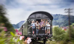 Familie genießt die Fahrt mit einem historischen Zug nach Polen. Blumen und grüne Hügel ziehen vorbei.