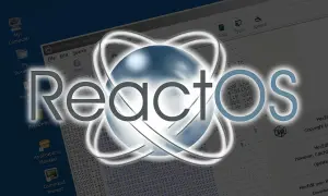 Logo React OS na tle ekranu z ikonami i kodem.