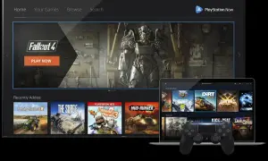 Ekran telewizora z grą Fallout 4 i laptop z grami PlayStation Now, obok kontroler.