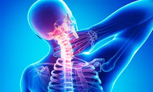 Menschlicher Nacken mit leuchtender Wirbelsäule, die auf Osteochondrosis intervertebralis hinweist.