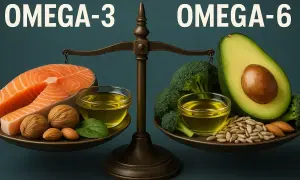 W czym jest omega 3? Na wadze z łososiem, orzechami i oliwą po lewej, a po prawej awokado, brokuły i nasiona.