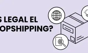 ¿Es legal el dropshipping? Iconos de globo terráqueo, lupa y camión rodean una caja, ilustrando el comercio electrónico global y la logística.