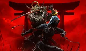 Samuraj i ninja w akcji, zapowiadający Assassin's Creed Shadows. Czerwone tło i torii tworzą mroczną atmosferę.
