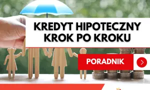 Drewniane figurki rodziny pod parasolem, stosy monet i napis "Kredyt hipoteczny krok po kroku".