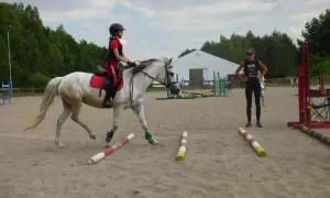 Dziewczynka na białym koniu podczas treningu jazdy konnej na piaszczystym placu.