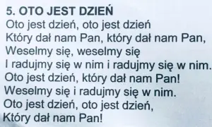 Tekst piosenki "Oto jest dzień", która mówi o radości i dziękczynieniu za dzień dany przez Pana.